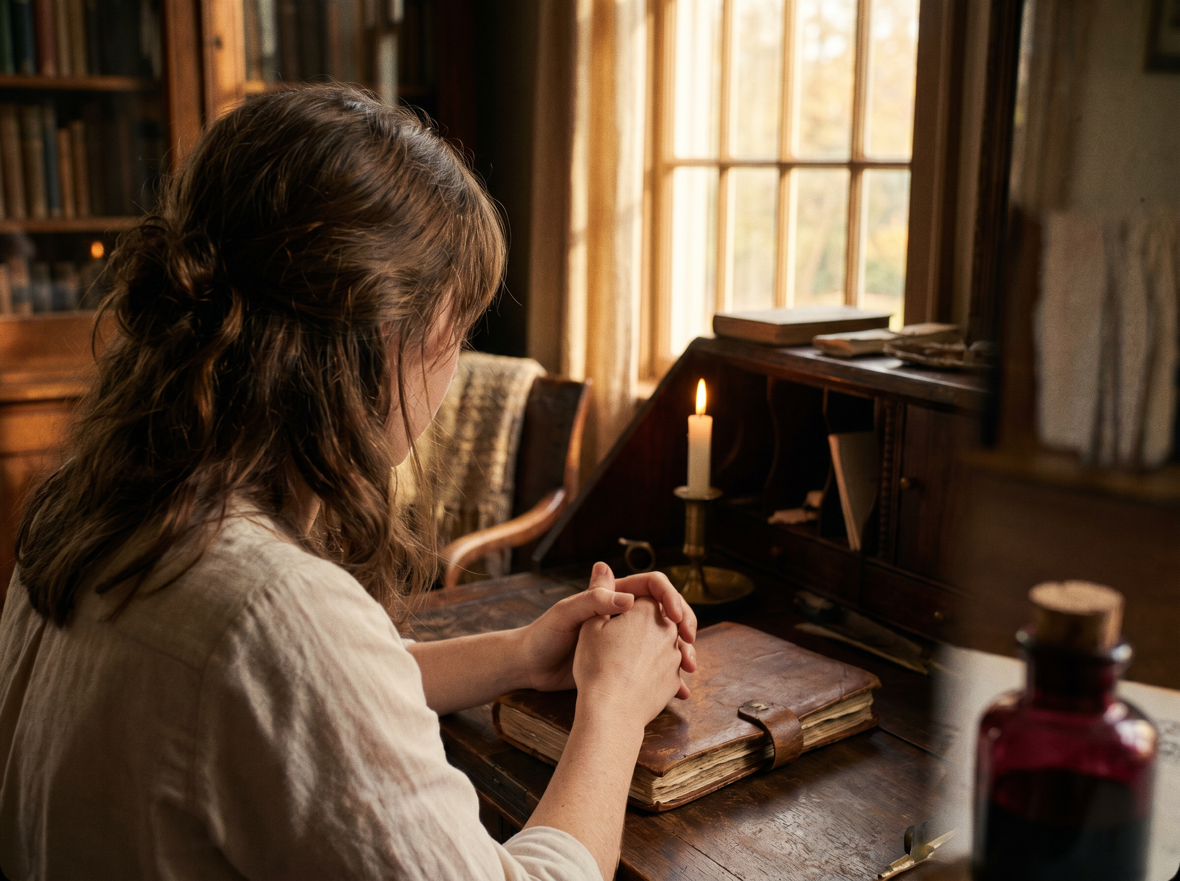 The founder at a vintage wooden desk, candlelit, hands folded around her notebook.