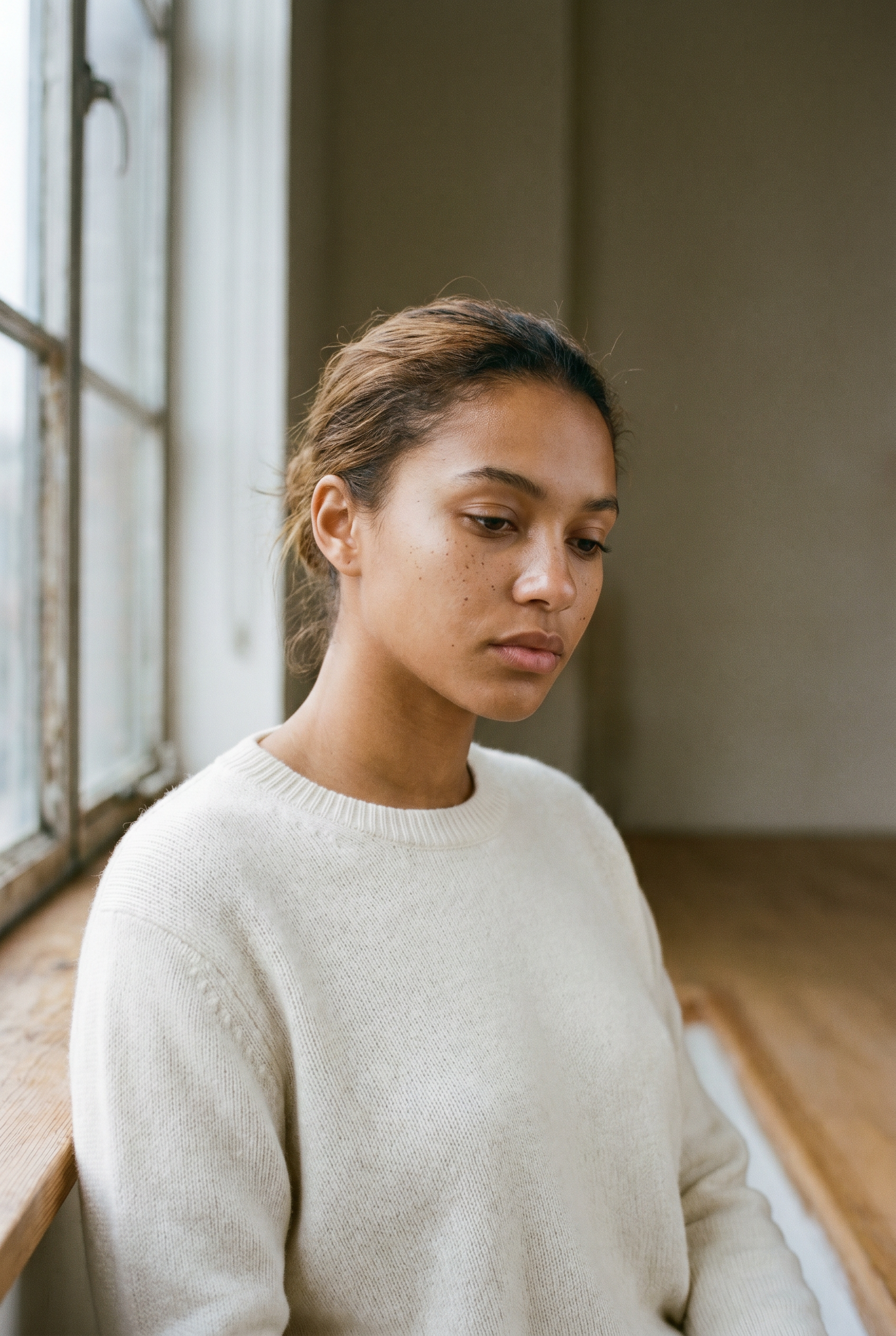 Isha, photographed by morning window light, ivory cashmere, candid composure.
