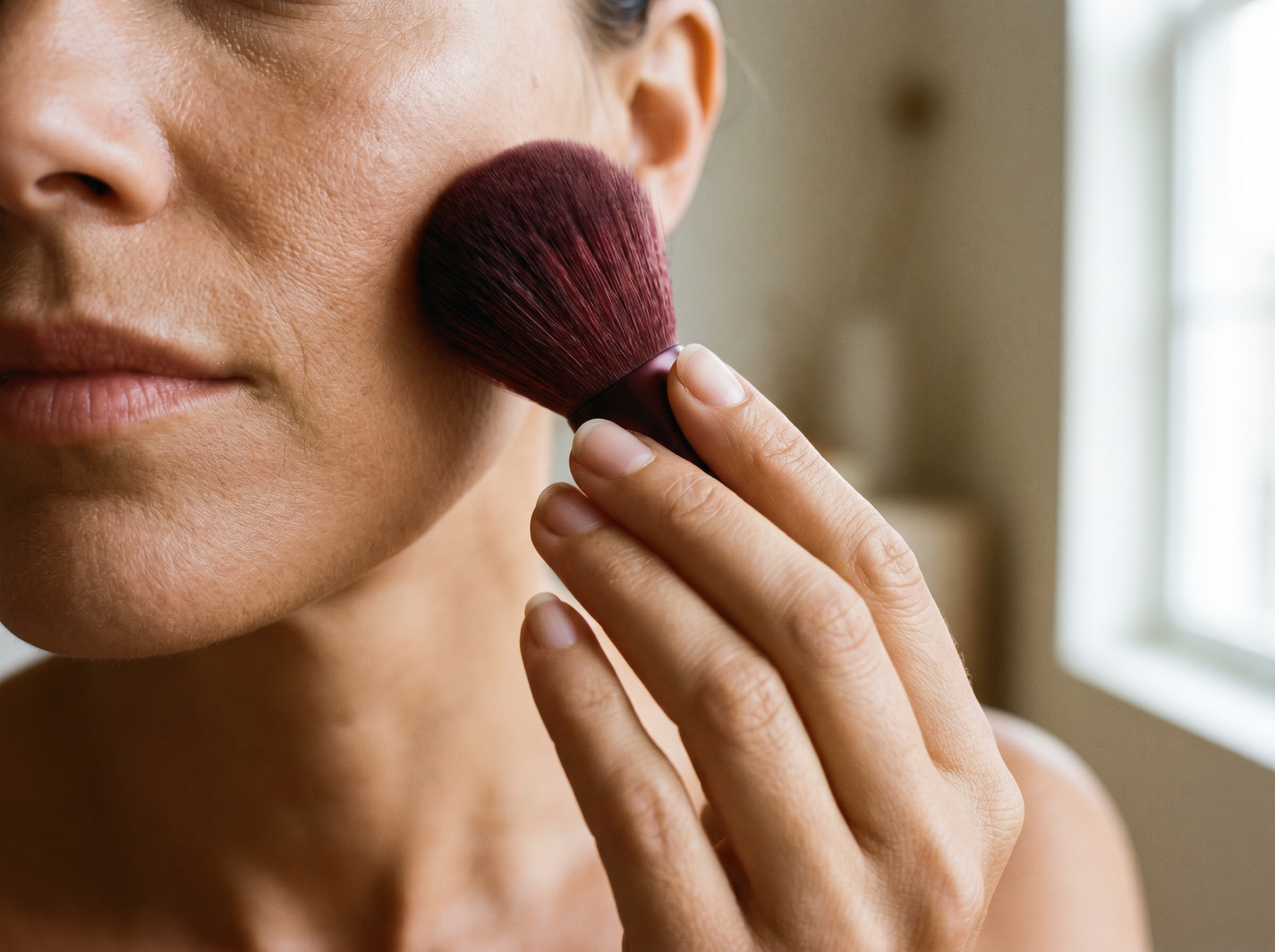 Blush application — hand pressing brush to cheekbone.
